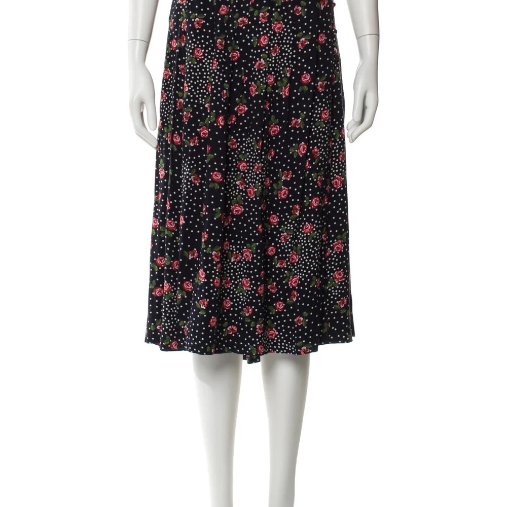 Sezane Black Midi Skirt with Red Rose and White Polka Dot Print